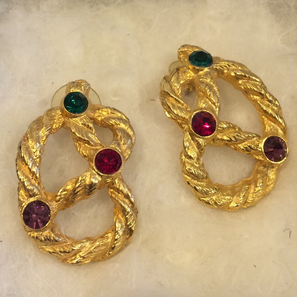 Vintage Gold Tone Pretzel Earrings With Gemstones